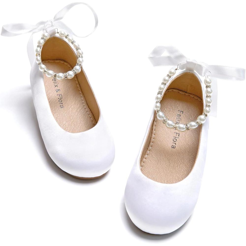 imageFelix ampamp Flora Girls Toddler Little Ballet Shoes  Flower Girls Mary Jane Flats Dress Shoes Party WeddingB836white