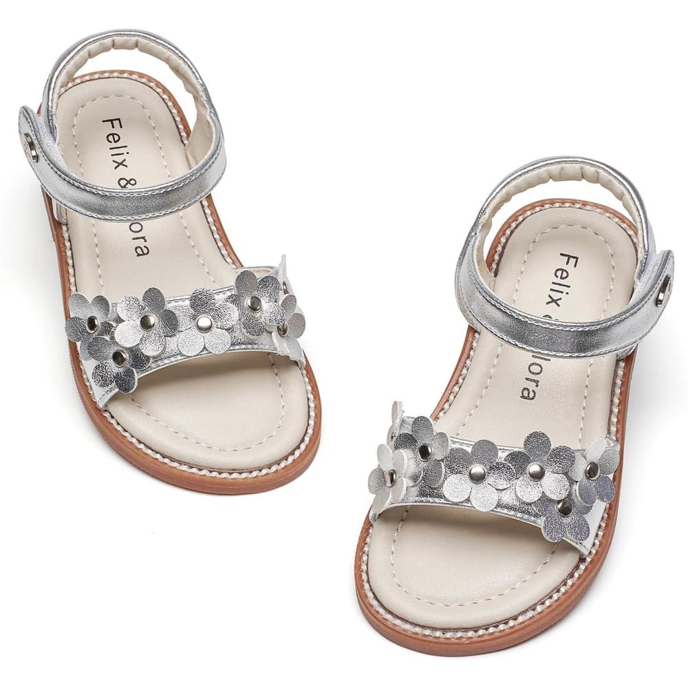 imageFelix ampamp Flora Toddler Girl Sandals  Flower Girl Dress Shoes Open Toe Little Kid Summer FlatsBc317silver