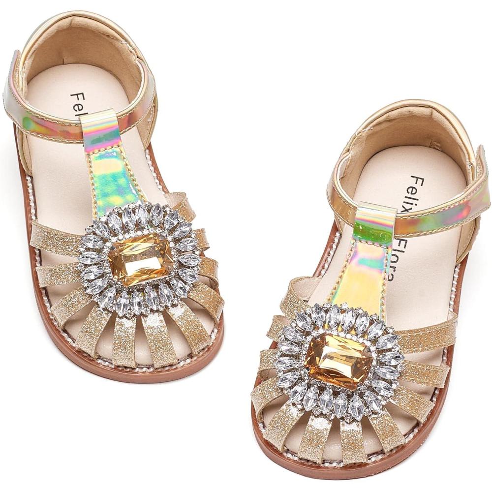 imageFelix ampamp Flora Toddler Girls Sandals Soft Rubber Princess Flat Shoes Summer Flower Girl ShoesBc321gold