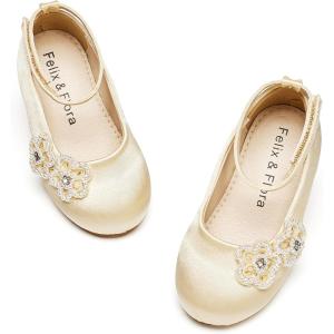 Felix & Flora Girls Toddler Little Ballet Shoes – Flower Girls Mary Jane Flats Dress Shoes Party Wedding(B897-champagne Gold)