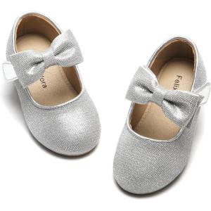 Felix & Flora Toddler Flower Girl Dress Shoes – Girl Ballet Flats Party School Shoes Wedding(B317 Glitter Silver)