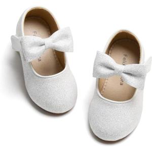 Felix & Flora Toddler Flower Girl Dress Shoes – Girl Ballet Flats Party School Shoes Wedding(B317-glitter White)
