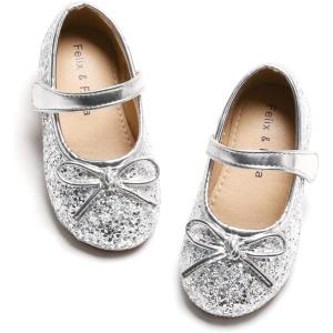 Felix & Flora Toddler Flower Girl Dress Shoes – Girl Ballet Flats Party School Shoes Wedding(B802-glitter Silver)