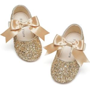Felix & Flora Toddler Flower Girl Dress Shoes – Girl Ballet Flats Party School Shoes Wedding(B821-glitter Gold)