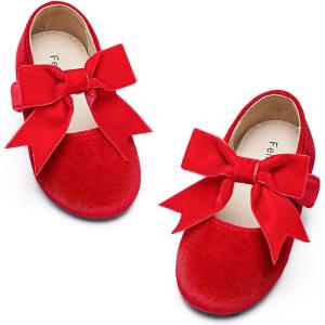 Felix & Flora Toddler Flower Girl Dress Shoes – Girl Ballet Flats Party School Shoes Wedding(B821-velvet Red)