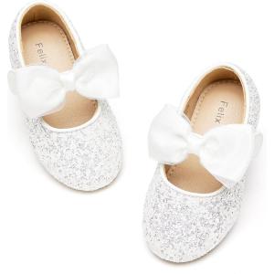 Felix & Flora Toddler Flower Girl Dress Shoes – Girl Ballet Flats Party School Shoes Wedding(B829- Glitter White)