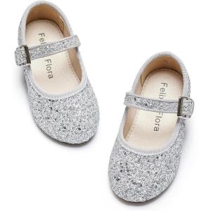 Felix & Flora Toddler Flower Girl Dress Shoes – Girl Ballet Flats Party School Shoes Wedding(Bf20-glitter Silver)