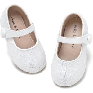 Felix & Flora Toddler Girl Dress Shoes – Flower Girl Ballet Mary Jane Flats Party School Wedding(B876-glitter White)