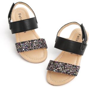 Felix & Flora Toddler Girl Sandals – Flower Girl Dress Shoes Open Toe Little Kid Summer Flats(Bc251-glitter Black)
