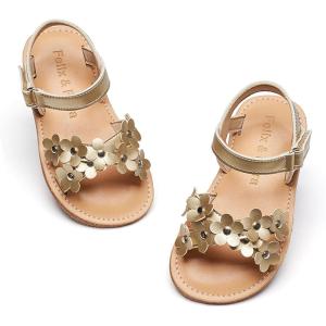 Felix & Flora Toddler Girl Sandals -Flower Girl Dress Shoes Open Toe Little Kid Summer Flats(Bc308-gold)
