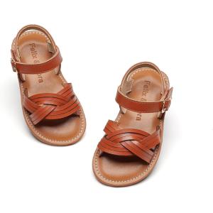 Felix & Flora Toddler Girl Sandals -Flower Girl Dress Shoes Open Toe Little Kid Summer Flats(Bc310-brown)