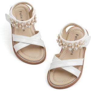 Felix & Flora Toddler Girls Sandals Soft Rubber Flats Summer Baby Flower Girl Shoes.(Bc284-white)