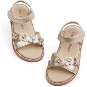 Felix & Flora Toddler Girls Sandals Soft Rubber Flats Summer Baby Flower Girl Shoes.(Bc290-gold)