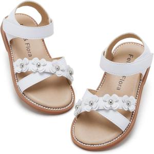 Felix & Flora Toddler Girls Sandals Soft Rubber Flats Summer Baby Flower Girl Shoes.(Bc290-white)