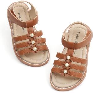 Felix & Flora Toddler Girls Sandals Soft Rubber Flats Summer Baby Flower Girl Shoes.(Bc295-brown)