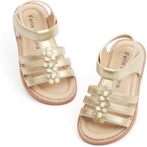 Felix & Flora Toddler Girls Sandals Soft Rubber Flats Summer Baby Flower Girl Shoes.(Bc295-gold)