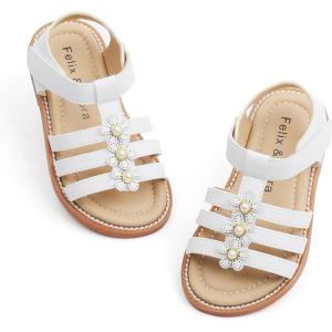 Felix & Flora Toddler Girls Sandals Soft Rubber Flats Summer Baby Flower Girl Shoes.(Bc295-white)