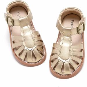 Felix & Flora Toddler Girls Sandals Soft Rubber Princess Flat Shoes Summer Flower Girl Shoes(Bc262-gold)