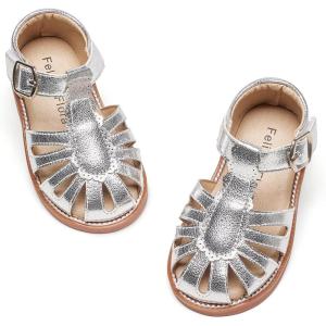 Felix & Flora Toddler Girls Sandals Soft Rubber Princess Flat Shoes Summer Flower Girl Shoes(Bc262-silver)