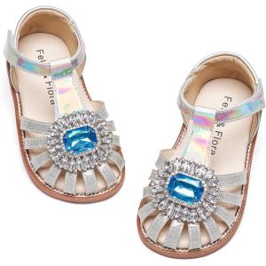 Felix & Flora Toddler Girls Sandals Soft Rubber Princess Flat Shoes Summer Flower Girl Shoes(Bc321-silver)