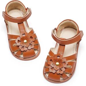 Felix & Flora Toddler Girls Sandals Soft Rubber Princess Flat Shoes Summer Flower Girl Shoes(Bc326-brown)