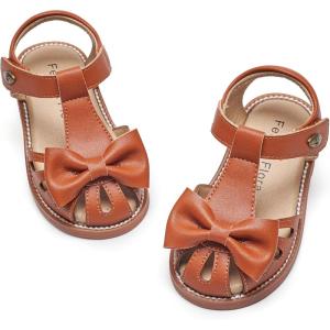 Felix & Flora Toddler Girls Sandals Soft Rubber Princess Flat Shoes Summer Flower Girl Shoes(Bc327-brown)