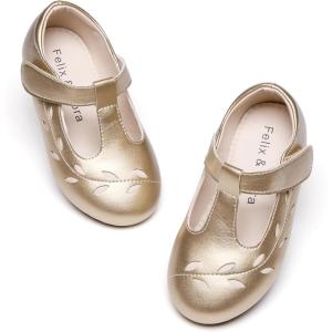 Felix & Flora Toddler Little Girl Flat Oxfords Dress Shoes – Mary Jane Princess for Girl Party School Shoes.(B414-gold)
