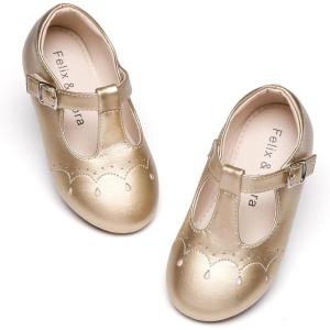 Felix & Flora Toddler Little Girl Flat Oxfords Dress Shoes – Mary Jane Princess for Girl Party School Shoes.(B415-gold)