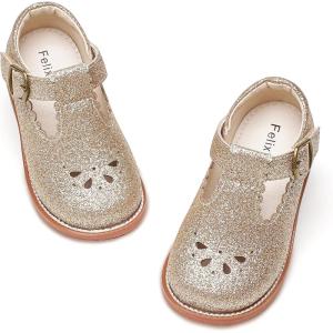 Felix & Flora Toddler Little Girl Mary Jane Dress Shoes – Ballet Flats for Girl Party School Shoes(B366-glitter Gold)