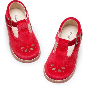 Felix & Flora Toddler Little Girl Mary Jane Dress Shoes – Ballet Flats for Girl Party School Shoes(B366-velvet Red)