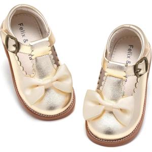 Felix & Flora Toddler Little Girl Mary Jane Dress Shoes – Ballet Flats for Girl Party School Shoes(B399-gold)