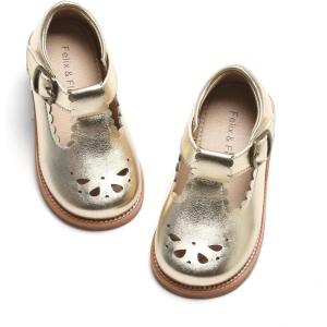 Felix & Flora Toddler Little Girl Princess Dress Shoes-Mary Jane Flats for Girl Party School Shoes(B386-gold)
