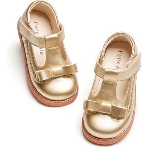 Felix & Flora Toddler Little Girl Princess Dress Shoes-Mary Jane Flats for Girl Party School Shoes(B413-gold)