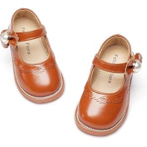 Felix & Flora Toddler Little Girl Princess Dress Shoes-Mary Jane Flats for Girl Party School Shoes(B417-brown)