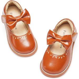 Felix & Flora Toddler Little Girl Princess Dress Shoes-Mary Jane Flats for Girl Party School Shoes(B418-brown)