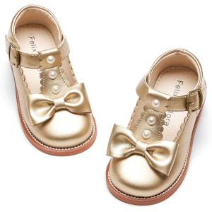 Felix & Flora Toddler Little Girl Princess Dress Shoes-Mary Jane Flats for Girl Party School Shoes(B420-gold)