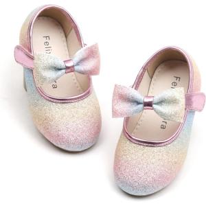 Felix & Flora Toddler Little Girls Dress Shoes – Flower Girls Mary Jane Flats Ballet Shoes Party Wedding(B810-gl Rainbow)