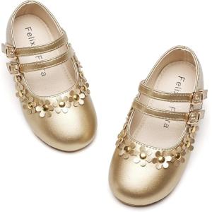 Felix & Flora Toddler Little Girls Dress Shoes – Flower Girls Mary Jane Flats Ballet Shoes Party Wedding(B893-gold)