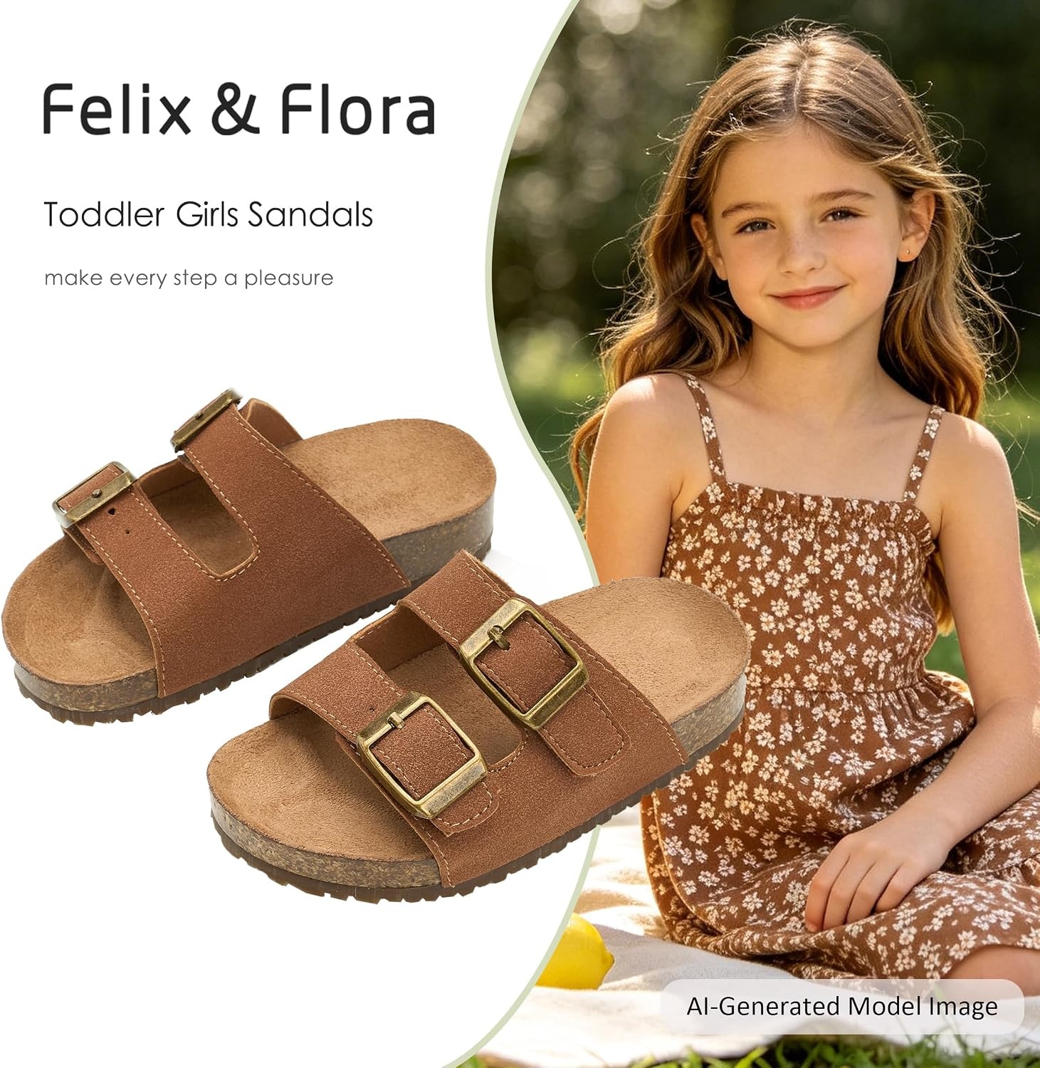 image:imageFelix amp Flora Toddler Kids Sandals Boys Girls Cork Footbed Slide With Adjustable Double Buckles Open Toe Casual Shoes