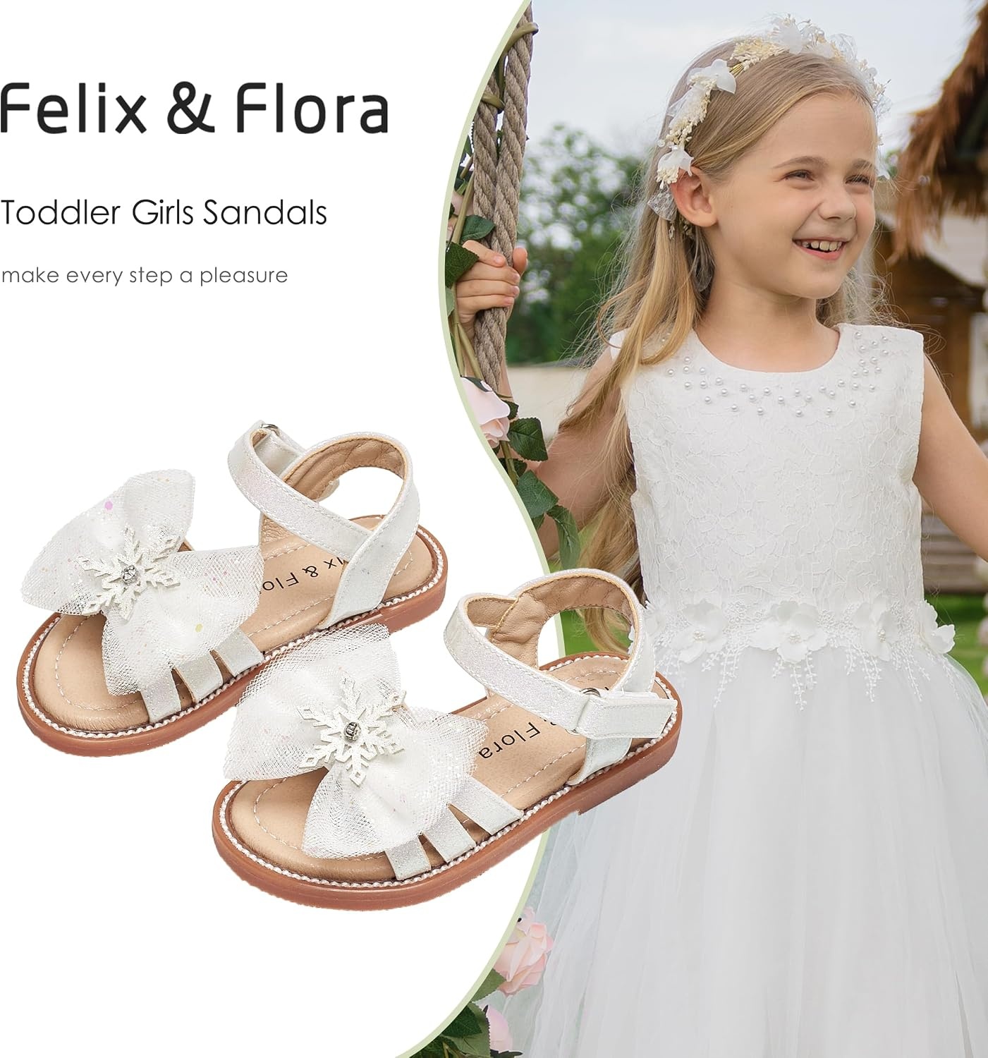 image:imageFelix amp Flora Toddler Girl Sandals Flower Girl Dress Shoes Open Toe Little Kid FlatsBc320white